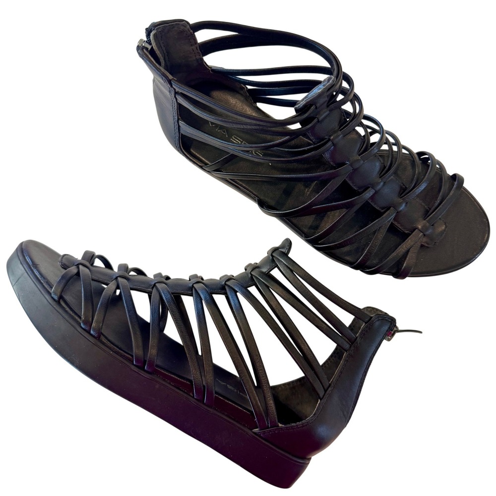 Via Spiga Women 7.5 M EU 38 Black Leather Gladiator Cage Sandals Flat Back Zip